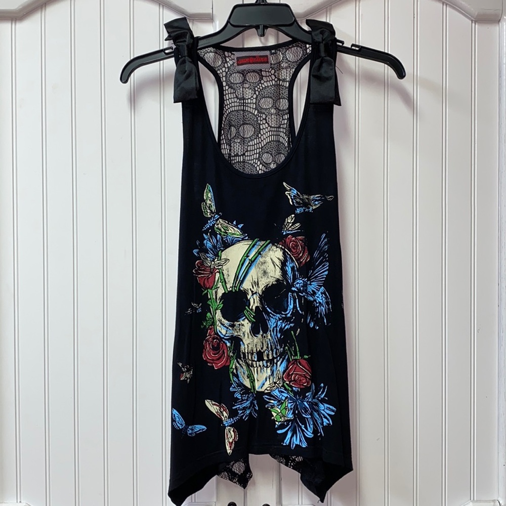 Black Floral Skull Lace-Back Tank Top with Bow Straps